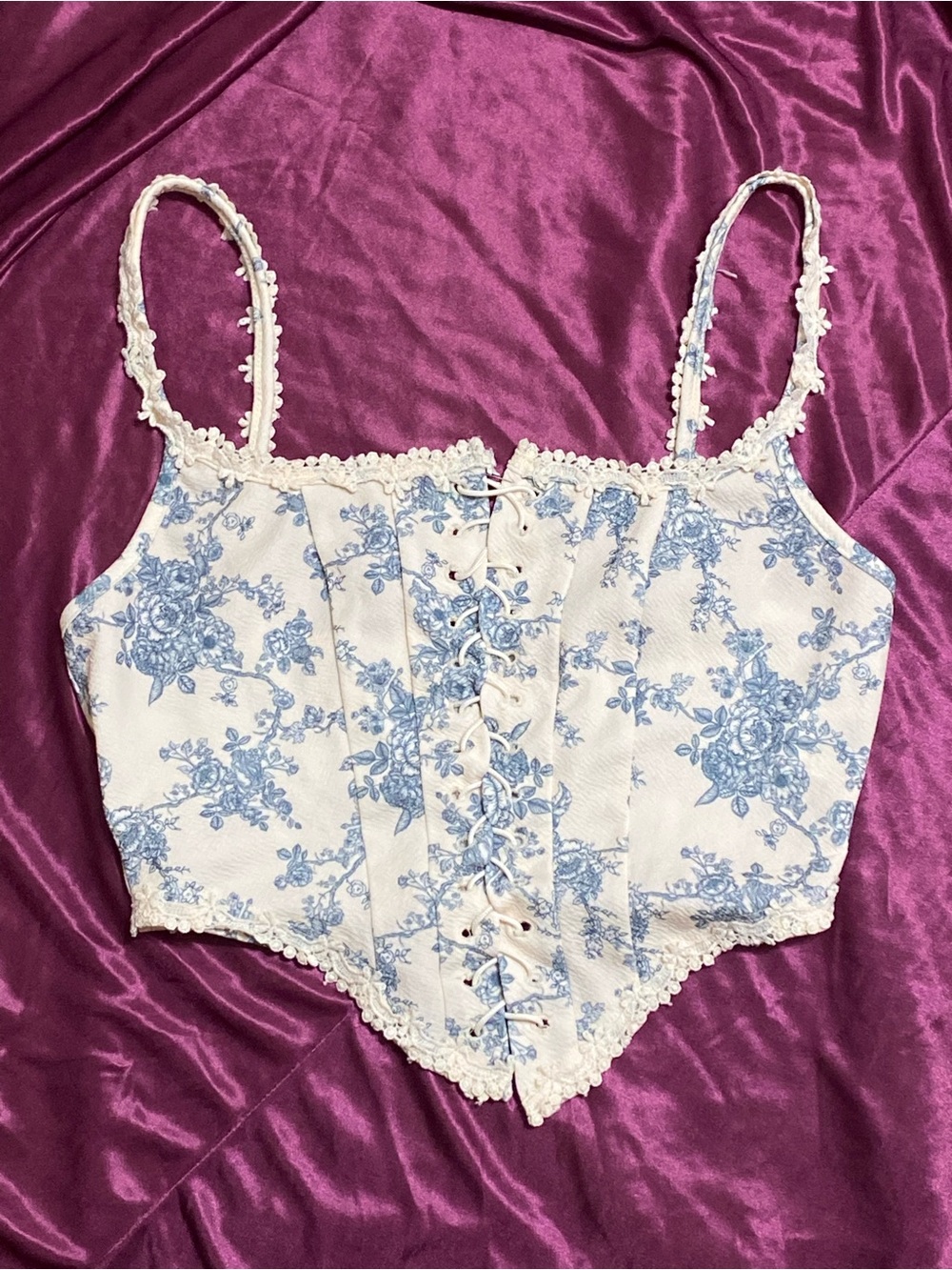 Blue Floral Lace-Up Corset Crop Top - Women , Small